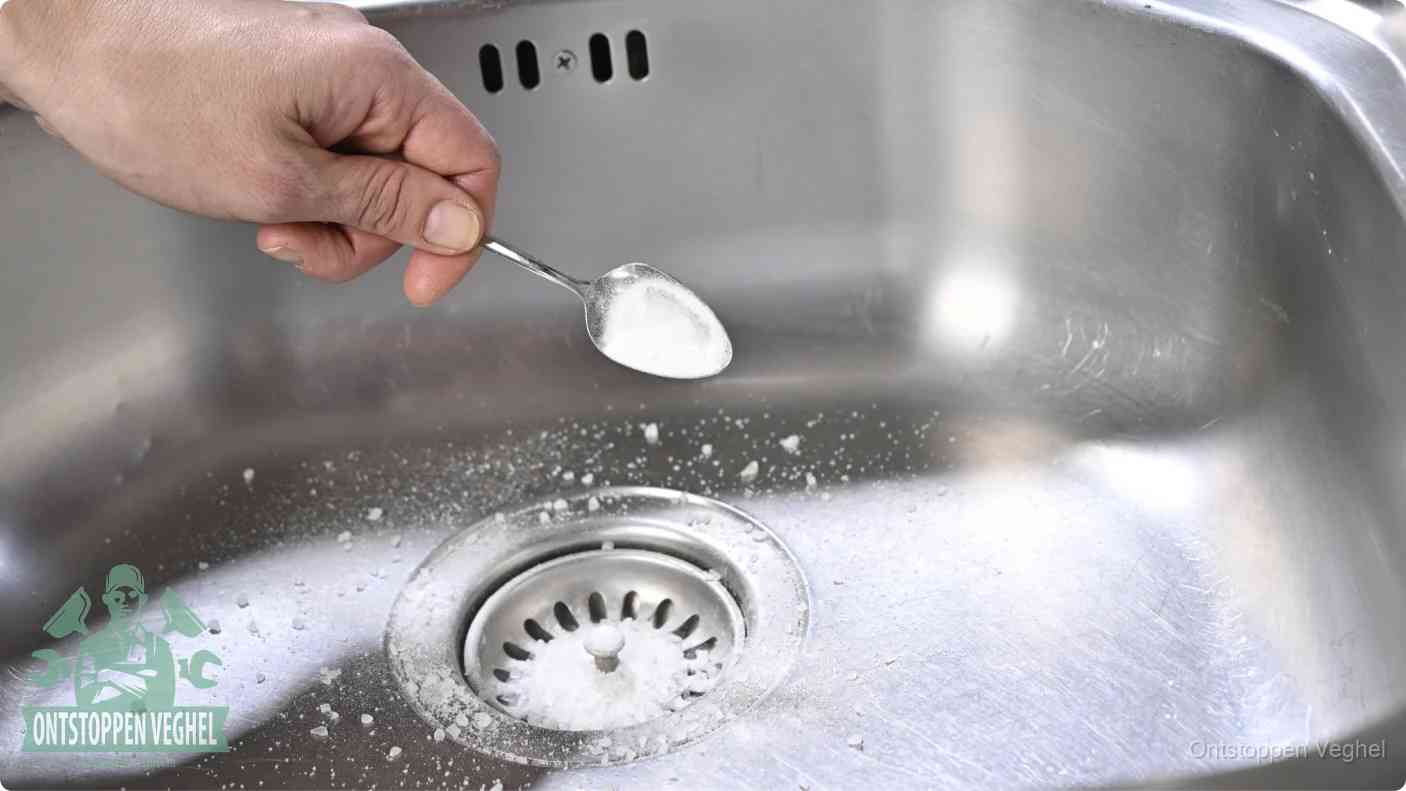 Een hand strooit met een lepel soda in de afvoer van een roestvrijstalen spoelbak, de soda en azijn huismiddel-methode om de afvoer te ontstoppen in Veghel