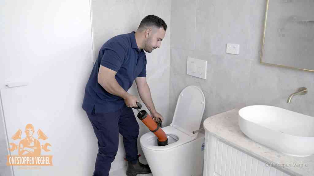 Werkwijze wc ontstoppen in Veghel Een monteur gebruikt een handmatige perspomp (toiletontstopper) op een wandcloset tijdens het professioneel wc ontstoppen in Veghel