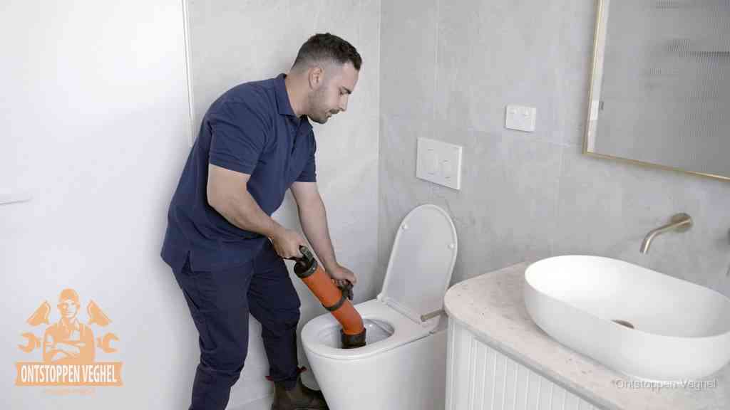 Zelf je wc ontstoppen in Veghel Een man gebruikt een handmatige luchtdruk-ontstopper in een modern betegeld toilet om zelf de wc te ontstoppen in Veghel